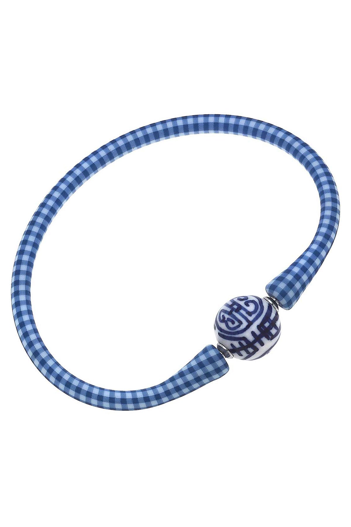 Bali Chinoiserie Bead Silicone Bracelet in Blue Gingham