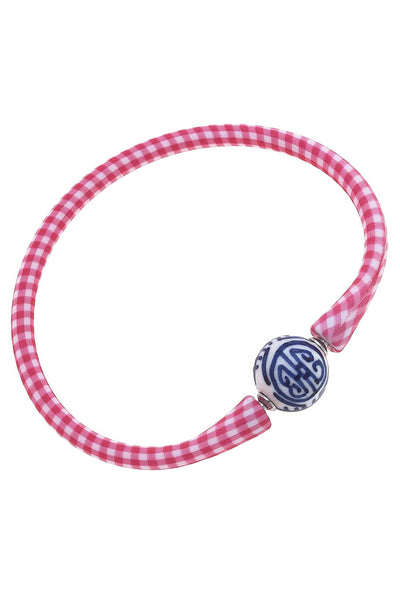 Bali Chinoiserie Bead Silicone Bracelet in Pink Gingham