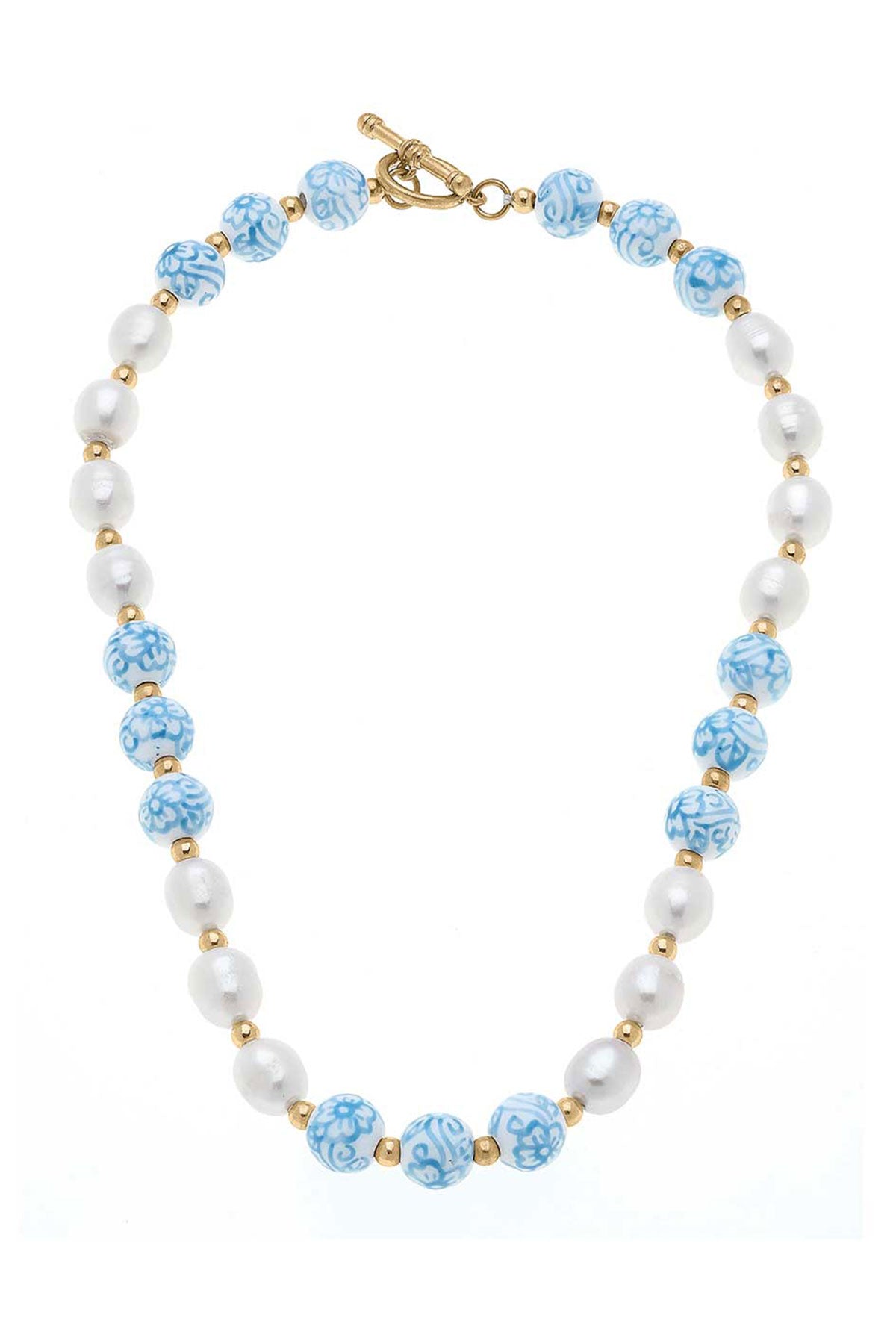 Blythe Porcelain & Pearl Beaded T-Bar Necklace in Wedgwood Blue