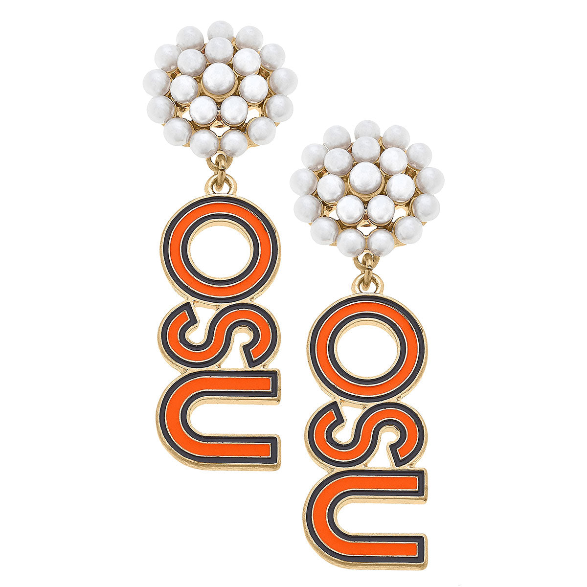 Oklahoma State Cowboys Pearl Cluster Outline Enamel Drop Earrings in Orange/Black