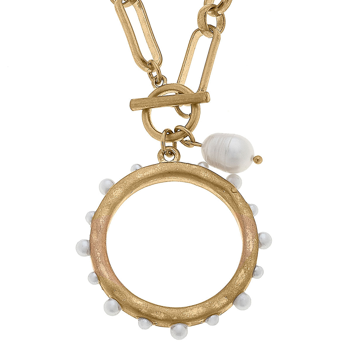 Melanie Pearl Studded Circle Statement Necklace in Worn Gold