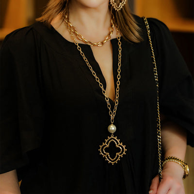 Julie Long Studded Metal Quatrefoil Necklace in Worn Gold