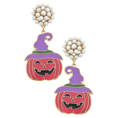 Halloween Enamel Jack O'Lantern Witch Hat Earrings in Fuchsia & Purple