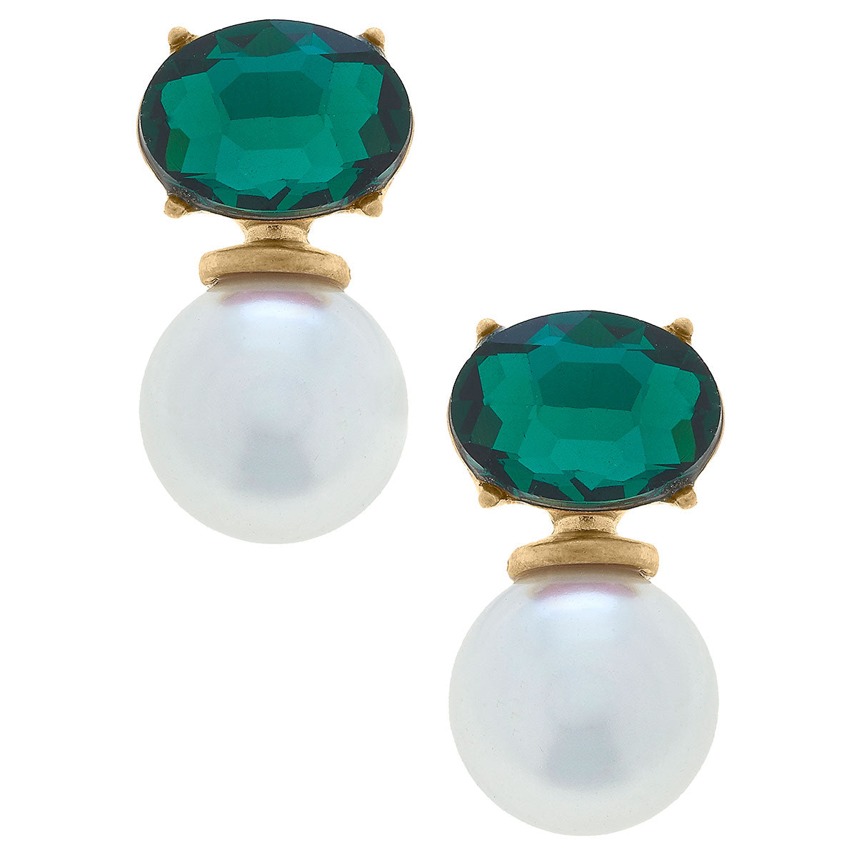 Brooke Rhinestone & Pearl Drop Earrings in Emerald