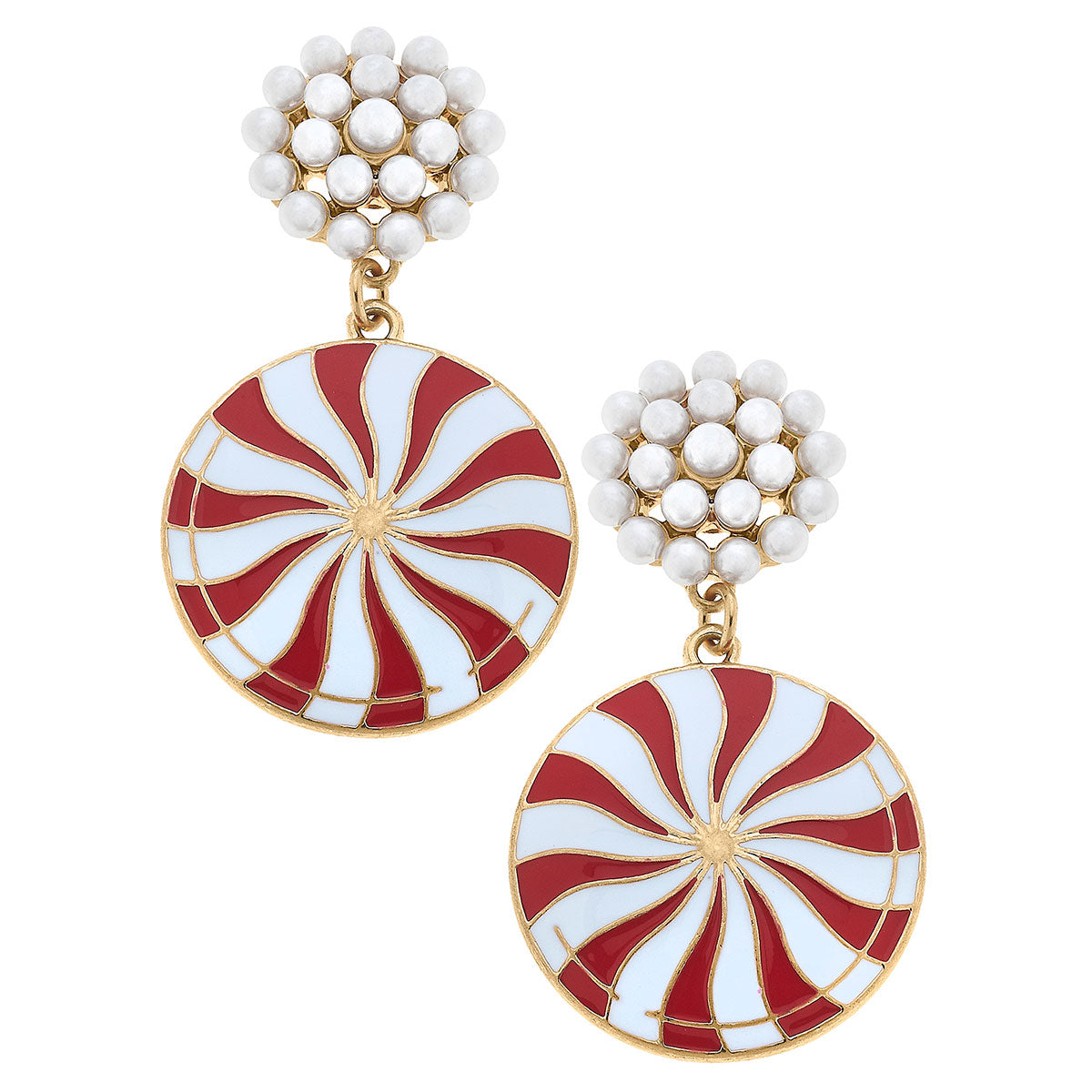 Peppermint Candy Enamel Earrings in Red & White