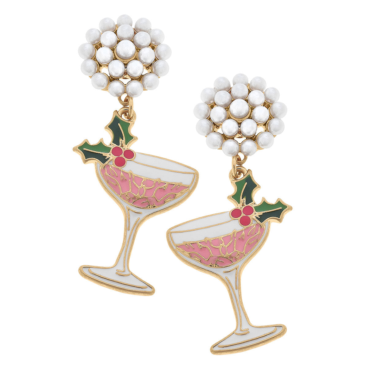 Festive Champagne Coupe Enamel Earrings in Pink & Green