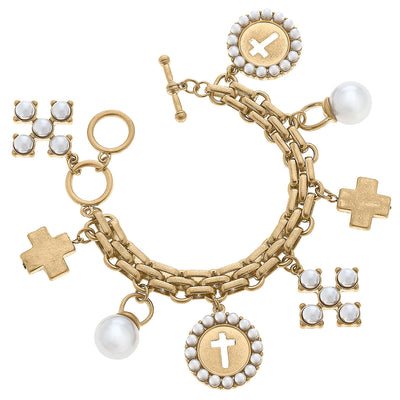 Sarah Square & Coin Cross Charm Bracelet in Worn Gold