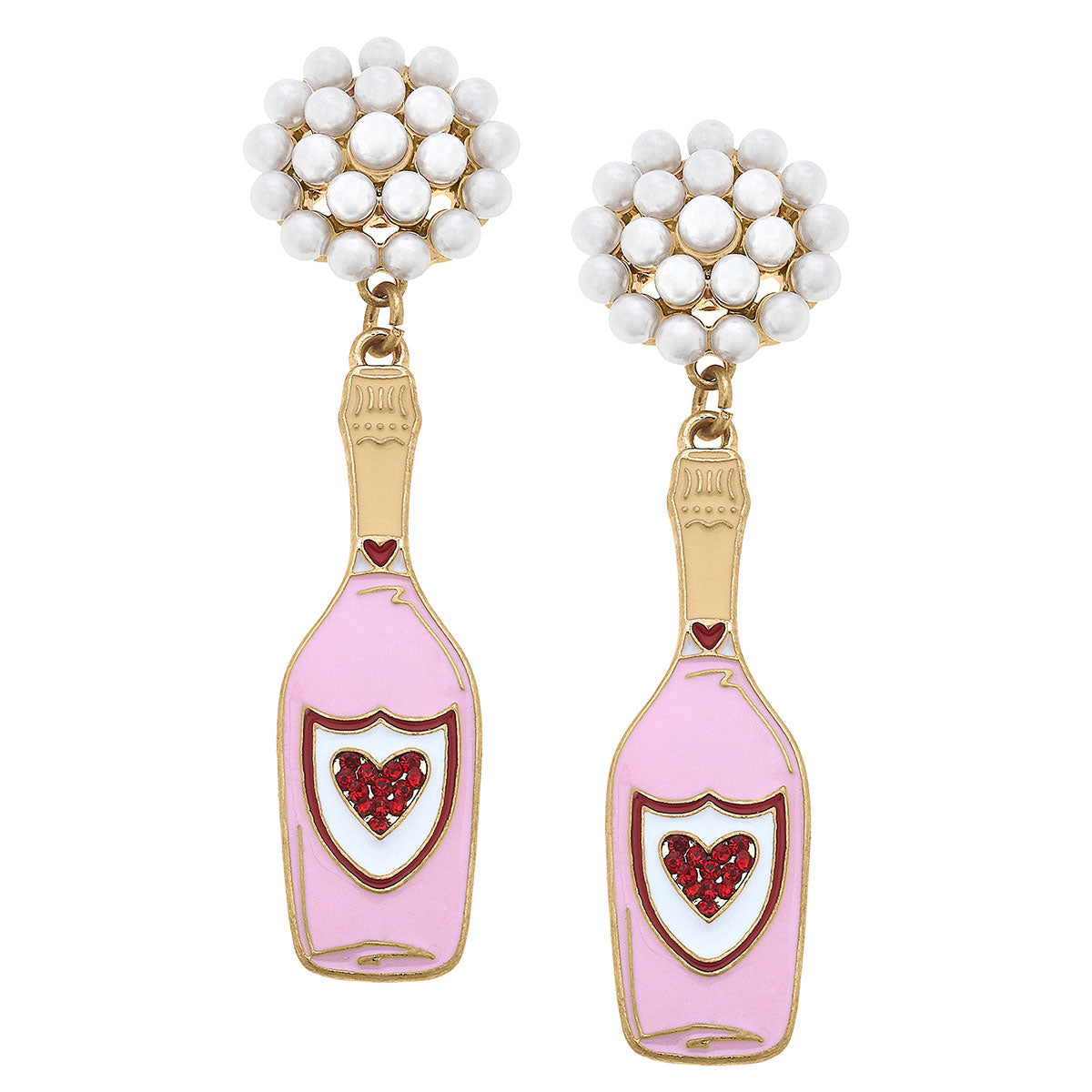 Heart Champagne Bottle Enamel Earrings in Pink & Red