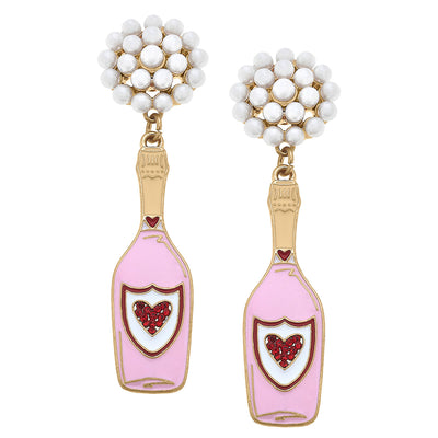 Heart Champagne Bottle Enamel Earrings in Pink & Red