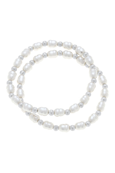 Carly Ball Bead & Pearl Stretch Bracelets (Set of 2) in Satin Silver