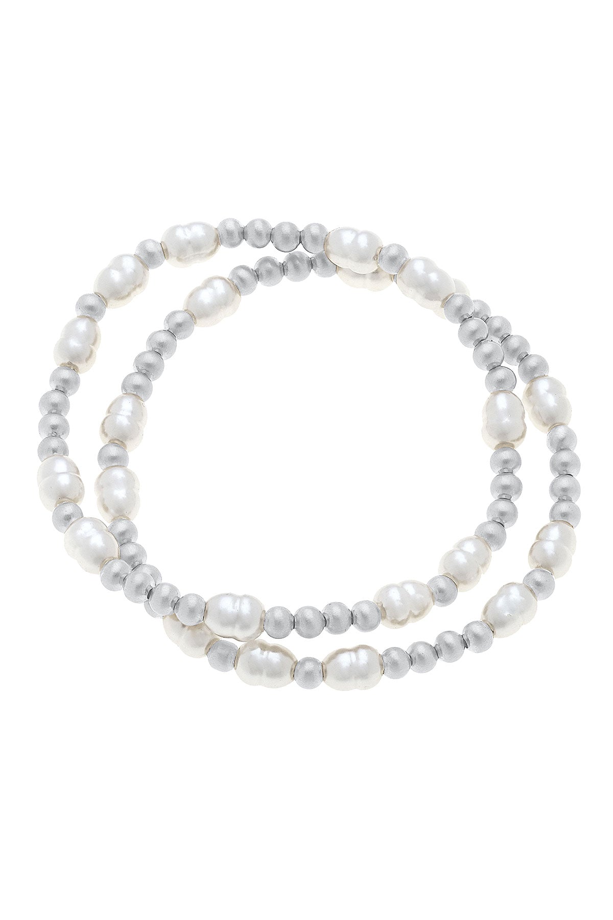 Morgan Ball Bead & Pearl Stretch Bracelets (Set of 2) in Satin Silver
