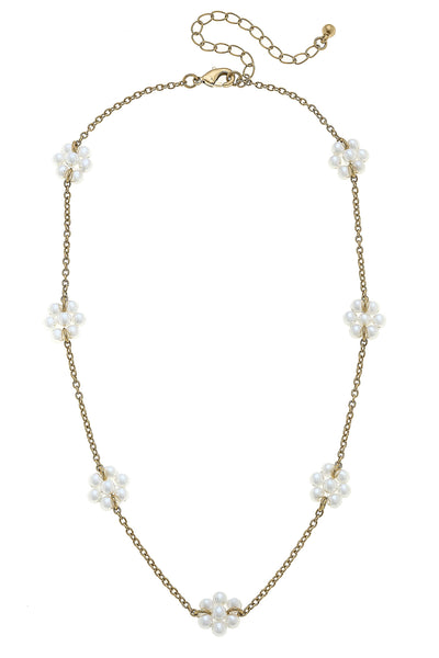 Lora Pearl Flower Station Necklace in Worn Gold & Ivory