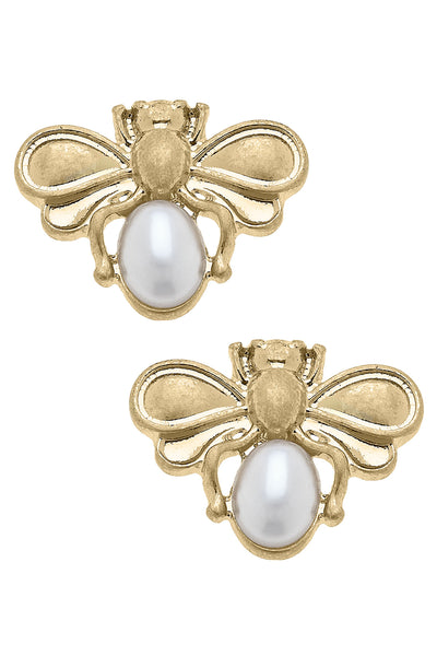 Pearl Bumble Bee Stud Earrings in Worn Gold
