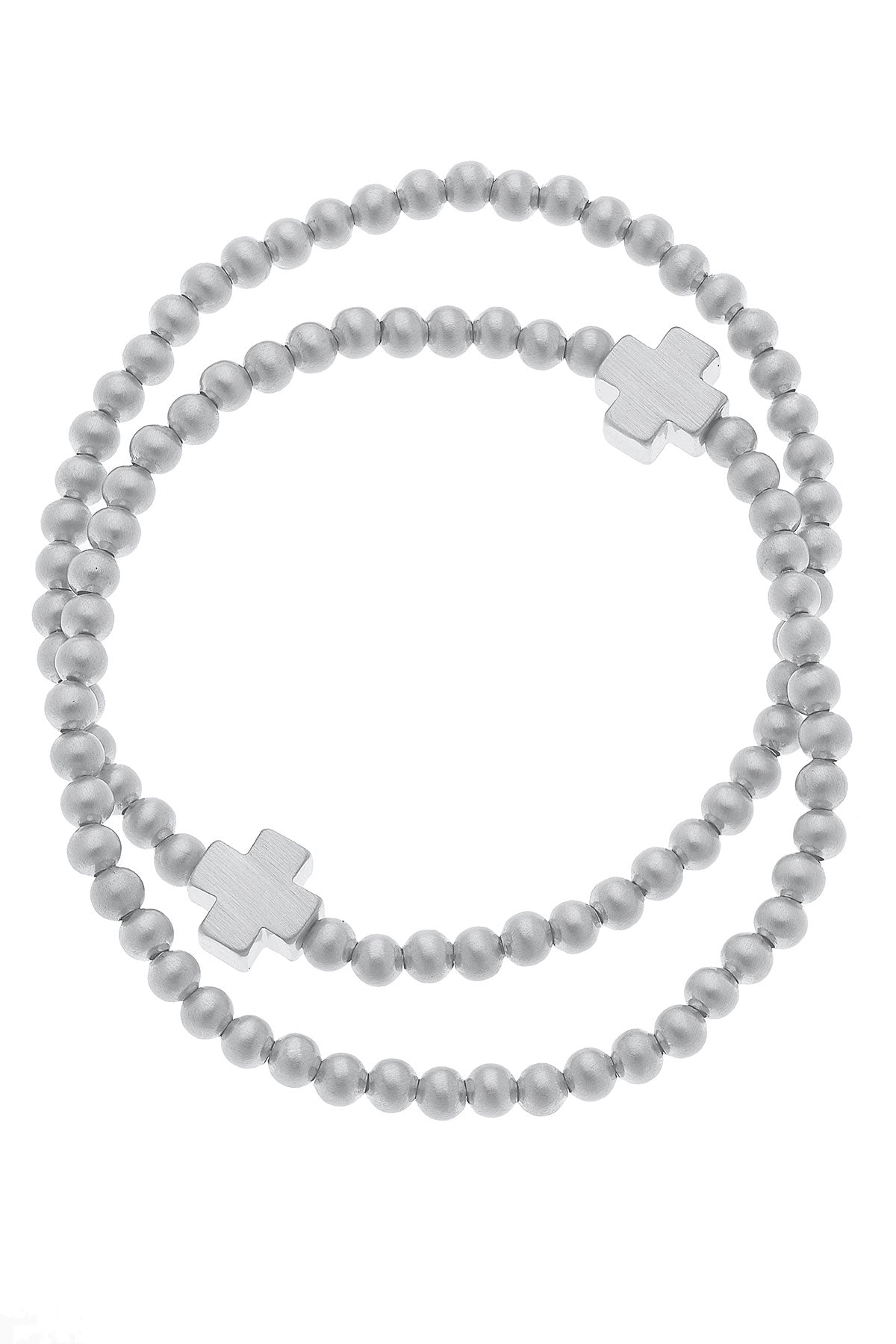 Isa Cross Ball Bead Stretch Bracelets (Set of 2) in Satin Silver