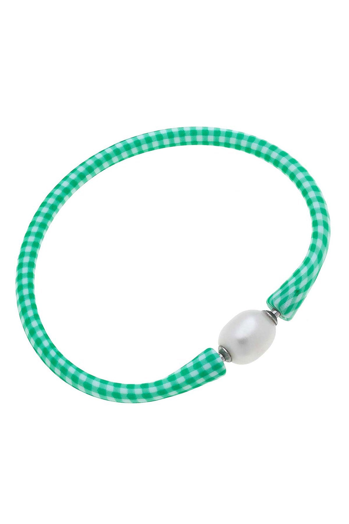 Bali Freshwater Pearl Silicone Bracelet in Green Gingham