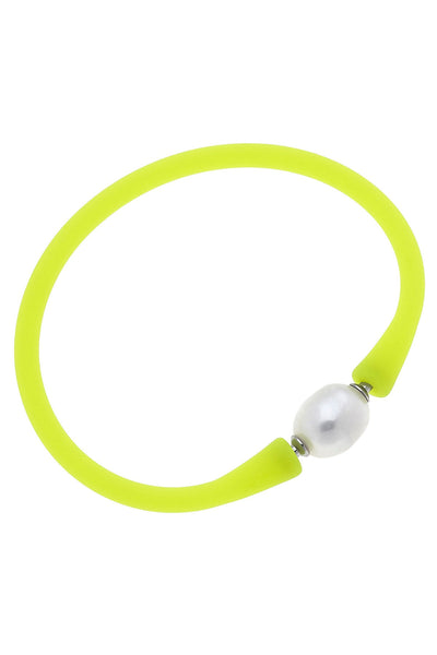 Bali Freshwater Pearl Silicone Bracelet in Neon Yellow