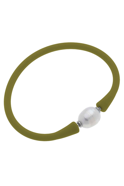 Bali Freshwater Pearl Silicone Bracelet in Olive