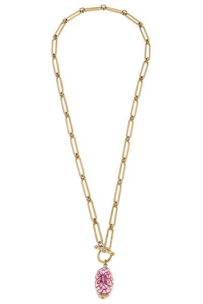 Evelyn Chinoiserie T-Bar Necklace in Pink & White