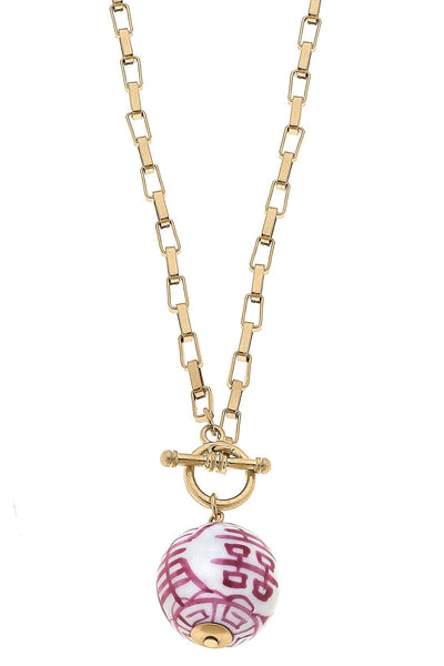 Laurel Chinoiserie T-Bar Necklace in Pink & White