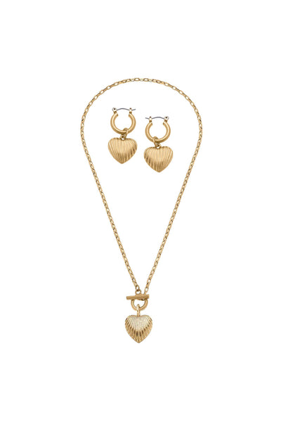 Patrice Ribbed Metal Heart Necklace & Earring Gift Set in Worn Gold