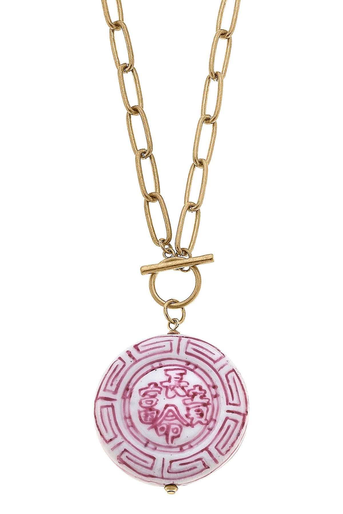 Ophelia Pink Chinoiserie Pendant T-Bar Necklace in Pink & White