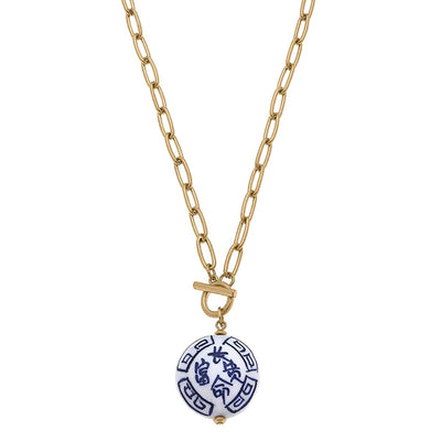 Meredith Chinoiserie T-Bar Necklace in Blue & White