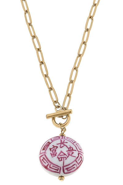 Meredith Chinoiserie T-Bar Necklace in Pink & White
