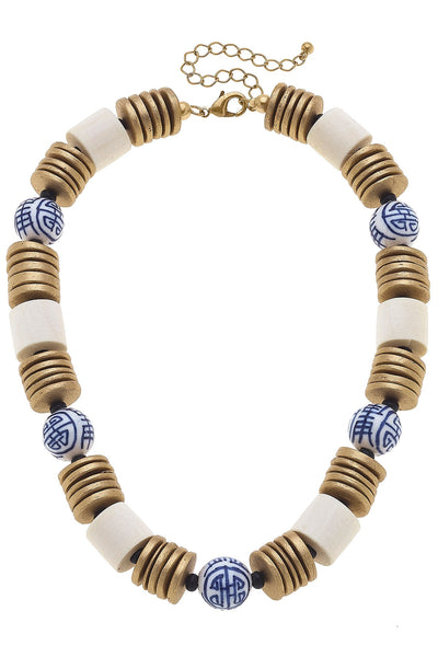 Lorelei Blue & White Chinoiserie & Painted Wood Statement Necklace in Ivory