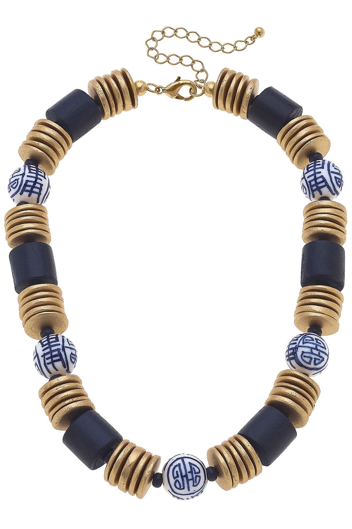 Lorelei Blue & White Chinoiserie & Painted Wood Statement Necklace in Navy