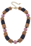 Lorelei Pink & White Chinoiserie & Painted Wood Statement Necklace in Navy