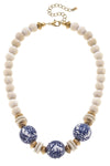 Hazel Blue & White Chinoiserie & Painted Wood Necklace in Ivory
