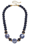 Hazel Blue & White Chinoiserie & Painted Wood Necklace in Navy