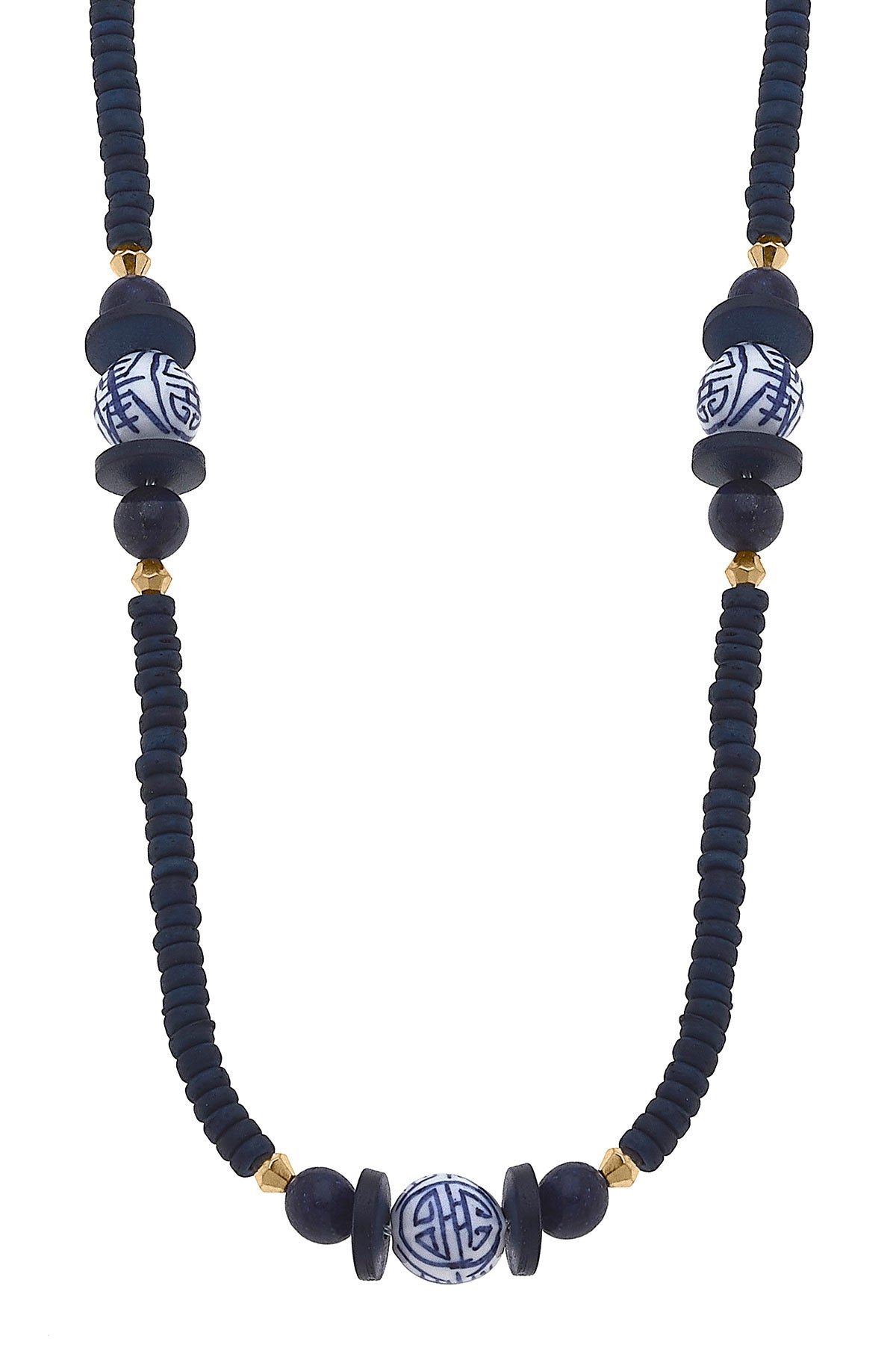 Savoy Blue & White Chinoiserie & Painted Wood Necklace in Navy