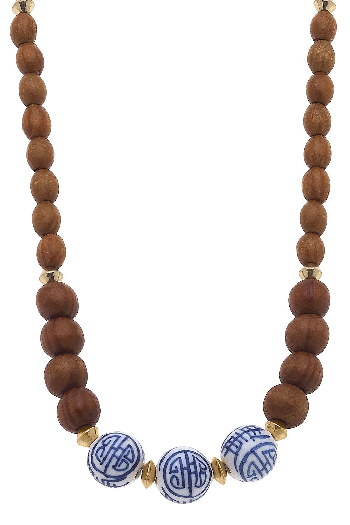 Oakley Blue & White Chinoiserie & Wood Necklace in Brown