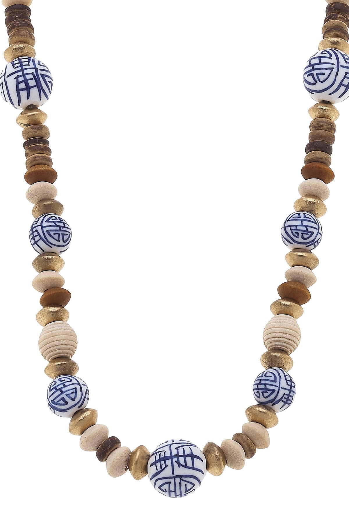 Mallory Blue & White Chinoiserie & Painted Wood Necklace in Ivory