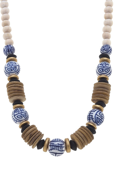 Winslow Blue & White Chinoiserie & Wood Necklace in Brown