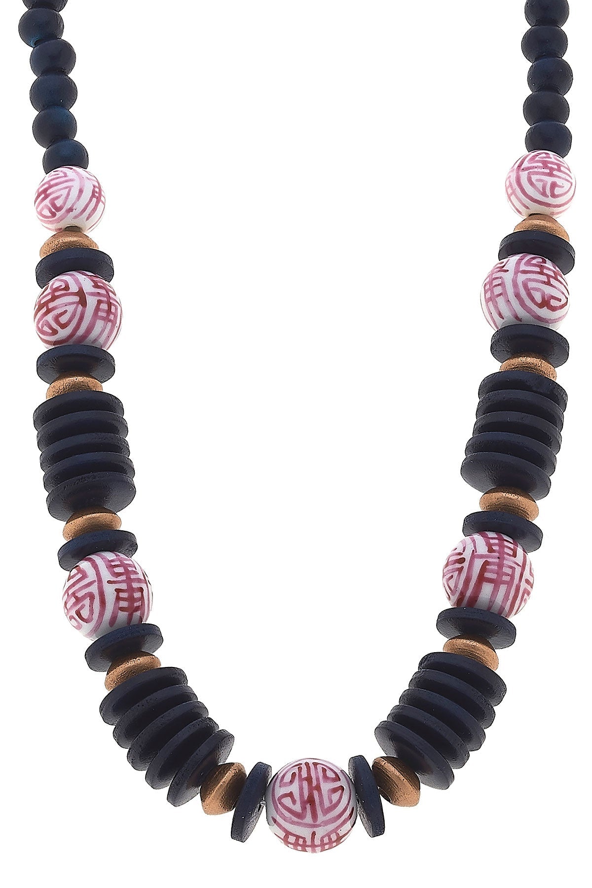 Winslow Pink & White Chinoiserie & Wood Necklace in Navy
