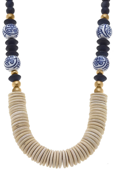 Monroe Blue & White Chinoiserie & Painted Wood Necklace in Navy
