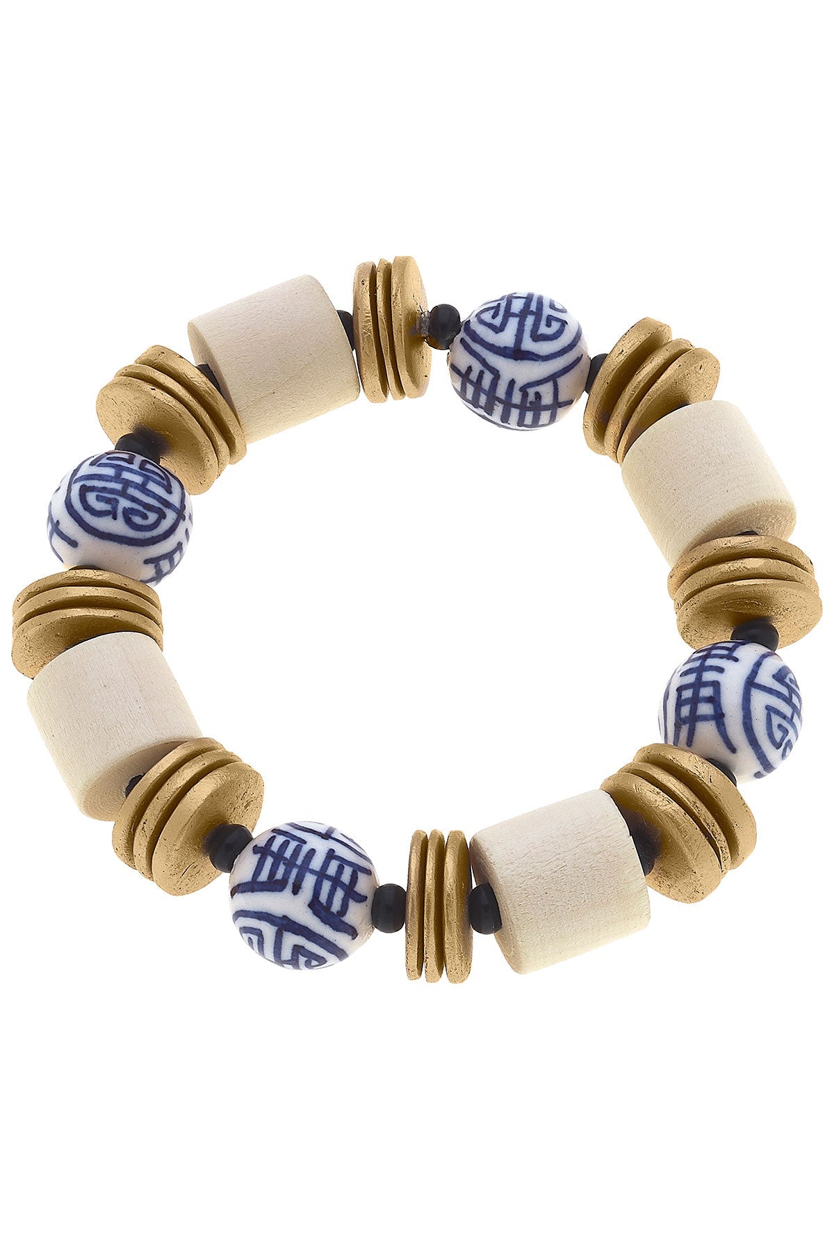 Lorelei Blue & White Chinoiserie & Painted Wood Stretch Bracelet in Ivory