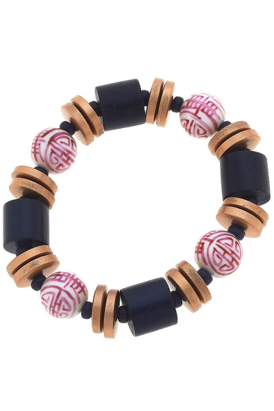 Lorelei Pink & White Chinoiserie & Painted Wood Stretch Bracelet in Navy