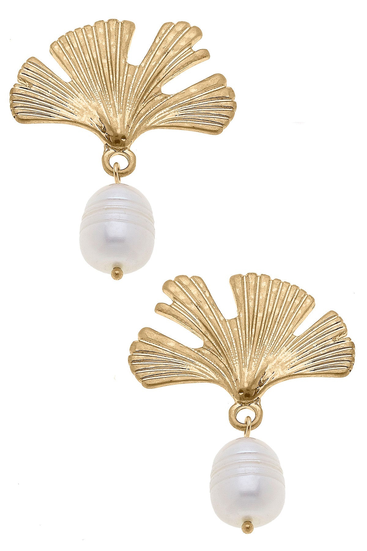 London Ginkgo & Pearl Drop Earrings in Worn Gold