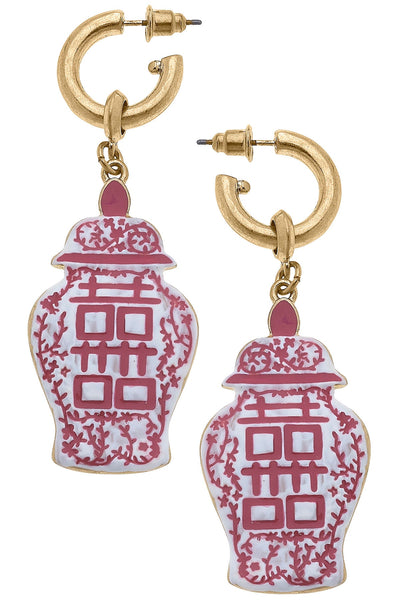 Blaire Enamel Ginger Jar Double Happiness Earrings in Pink & White