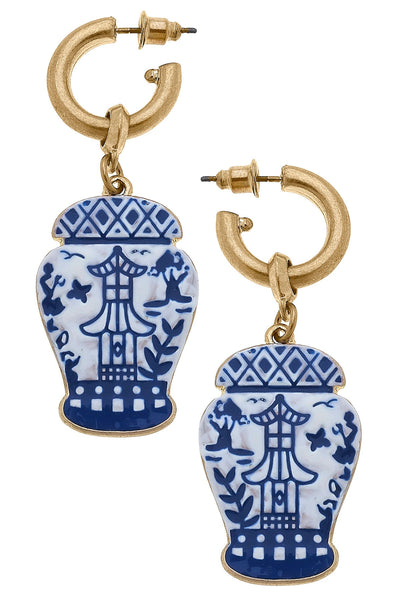 Aubree Enamel Pagoda Ginger Jar Earrings in Blue & White