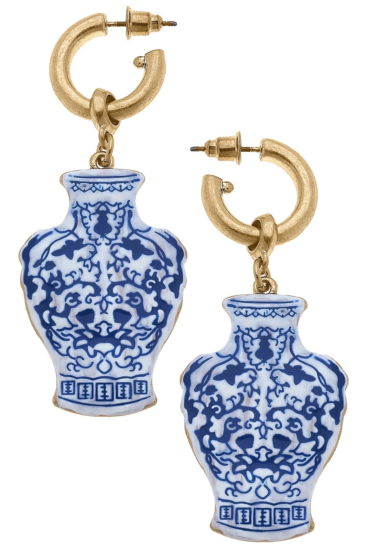 Ellen Enamel Chinoiserie Temple Jar Earrings in Blue & White