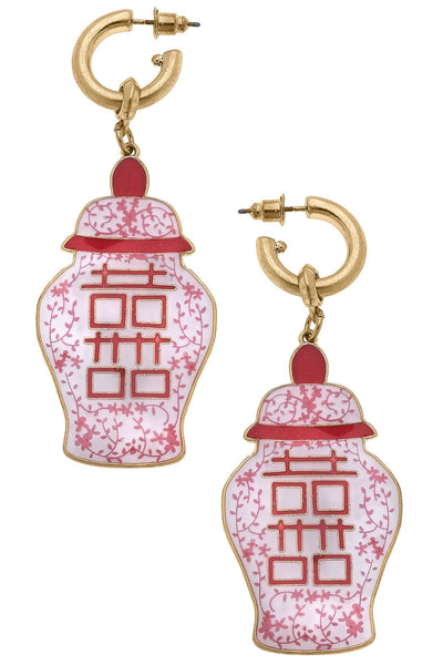 Camille Enamel Double Happiness Temple Jar Earrings in Pink & White