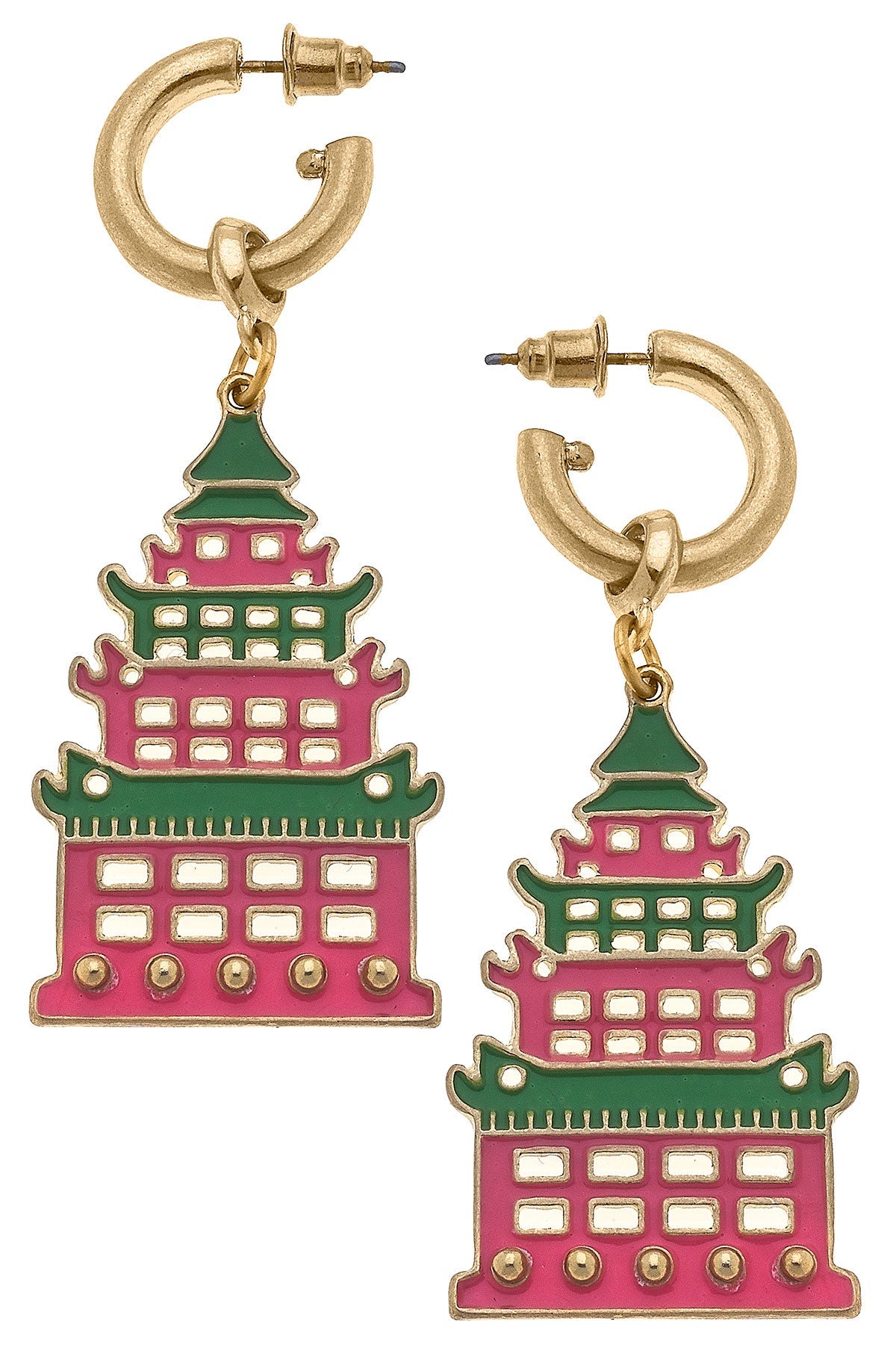 Tiffany Enamel Pagoda Earrings in Green & Pink