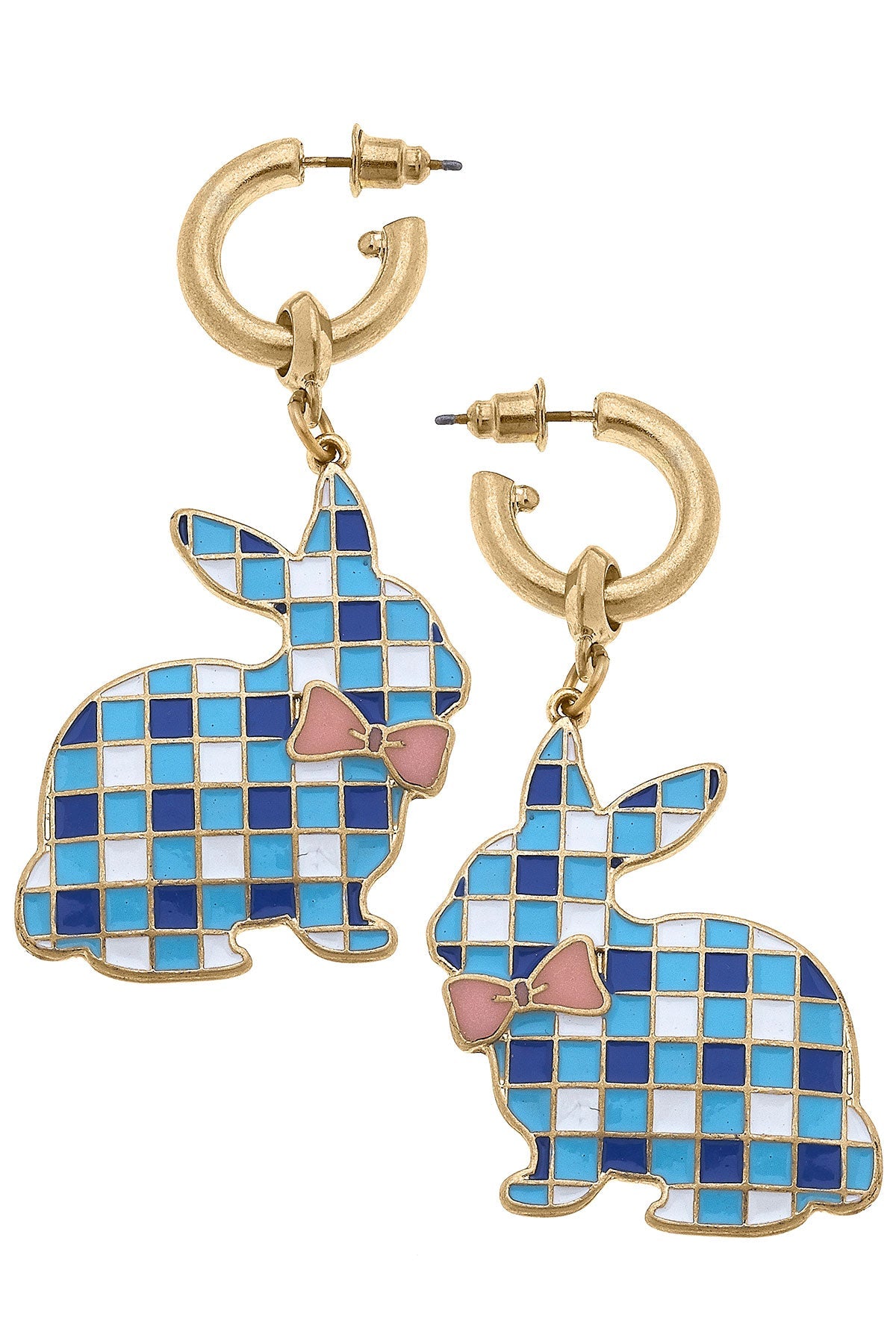 Stella Enamel Gingham Bunny Earrings in Blue & White