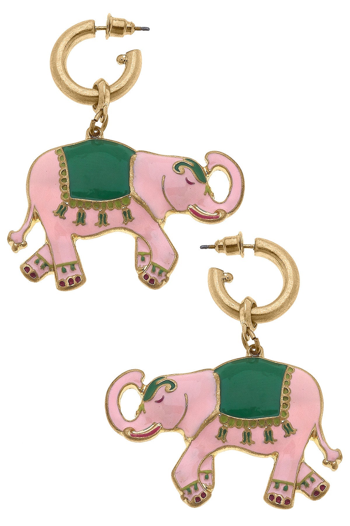 Livy Enamel Elephant Earrings in Pink & Green