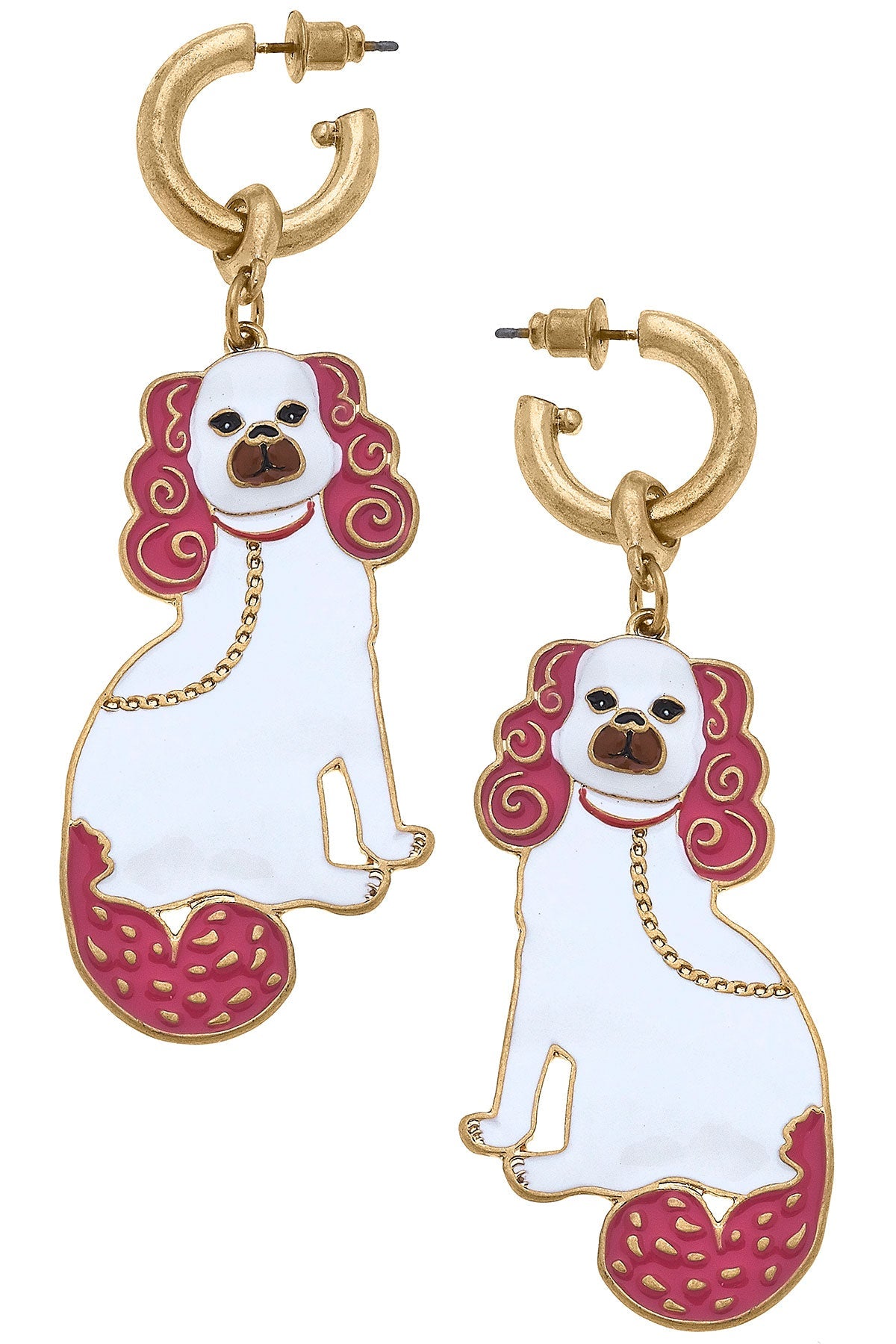 Coco Enamel Staffordshire Dog Earrings in Pink & White
