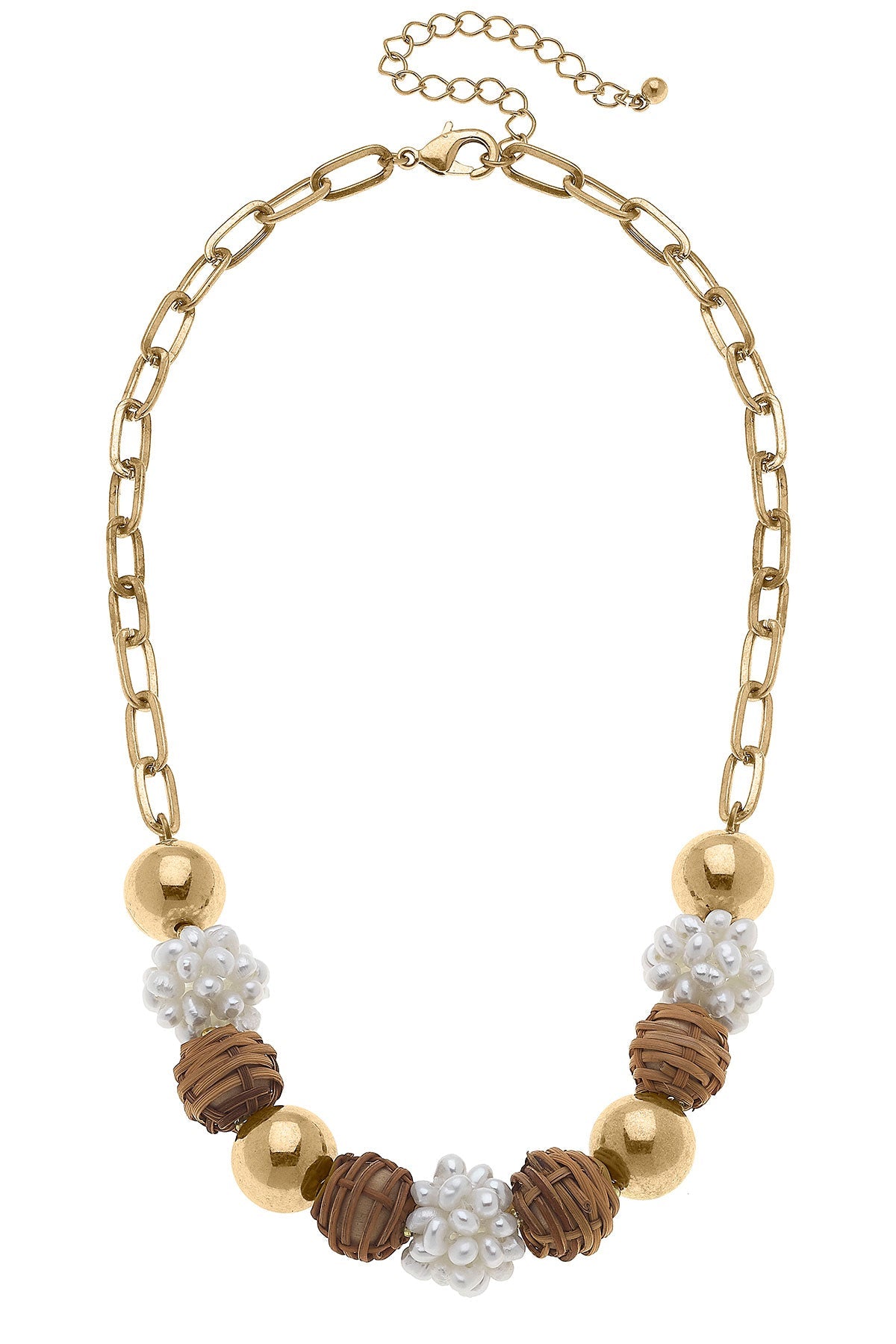 Bella Pearl Cluster & Wicker Ball Bead Necklace in Brown